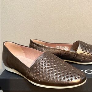 Ecco Stone Metallic/Gold Brown Leather Loafers with Intricate Design